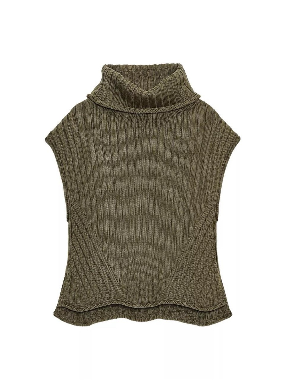 Zara Olive Ribbed Sleeveless Turtleneck Poncho